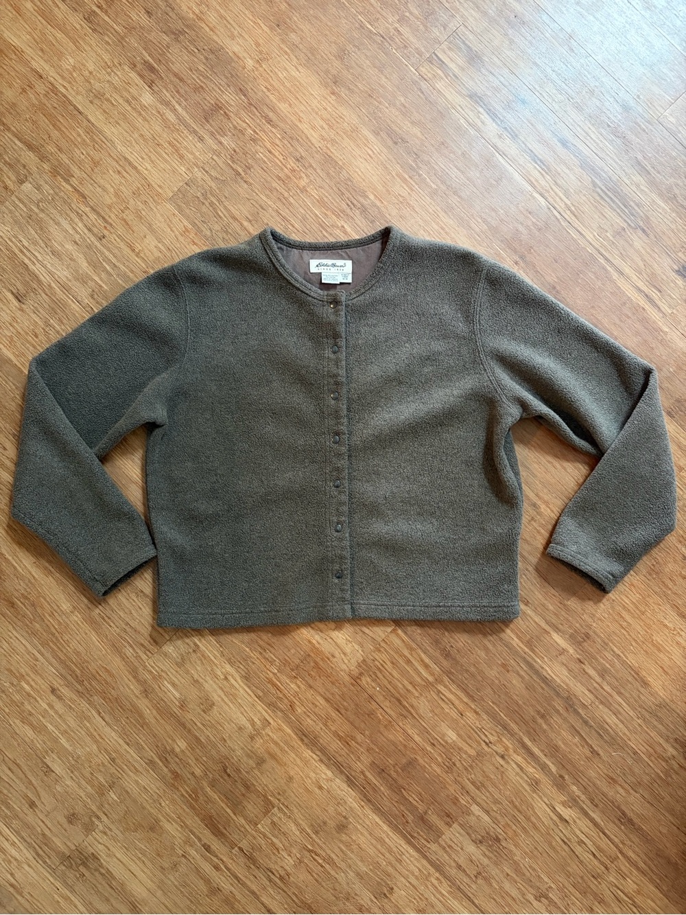 Vintage Eddie Bauer Snap Front Fleece Jacket Cardigan Olive Green Womens Medium